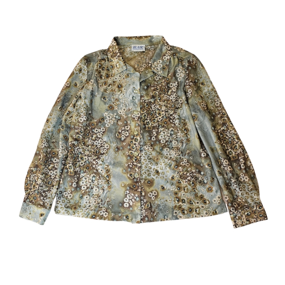 Vintage Blair Blouse Long Sleeve Size Medium Green Blue Floral